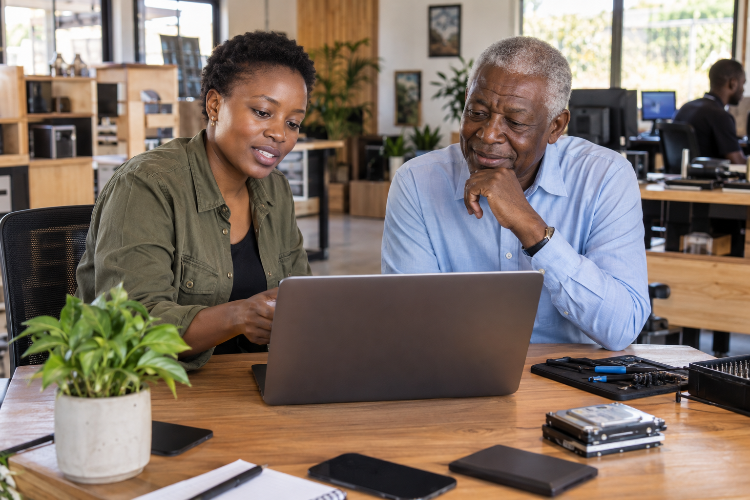 A woman technician and an older customer working through a computer issue