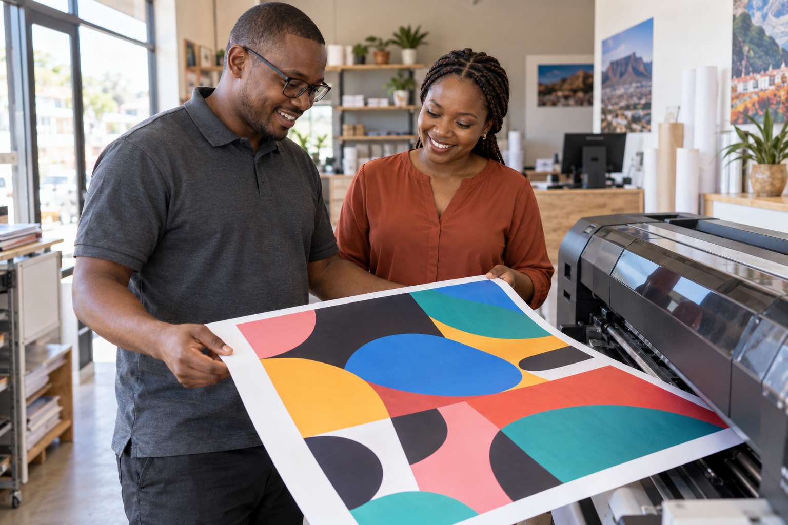 A print specialist and business owner reviewing a colourful poster